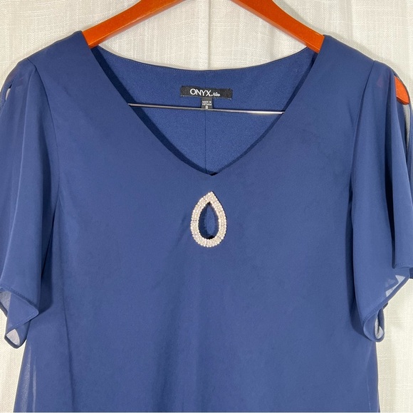 Onyx Nites Navy Flutter Sleeve Chiffon Shift Ruffled Hem Party Dress Sz 8 - Picture 5 of 9